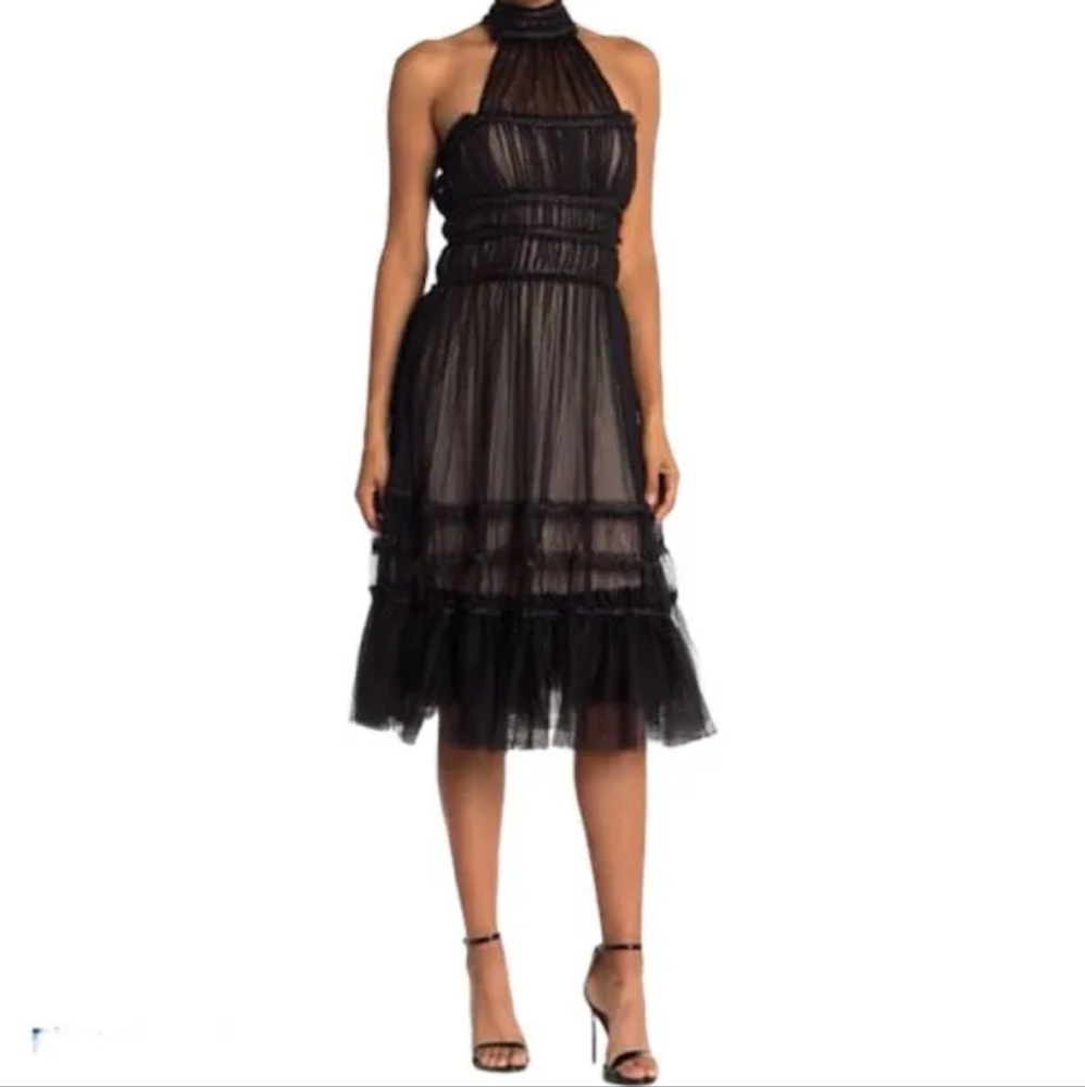 MAX STUDIO Halter Neck Tiered Mesh MIDI Dress